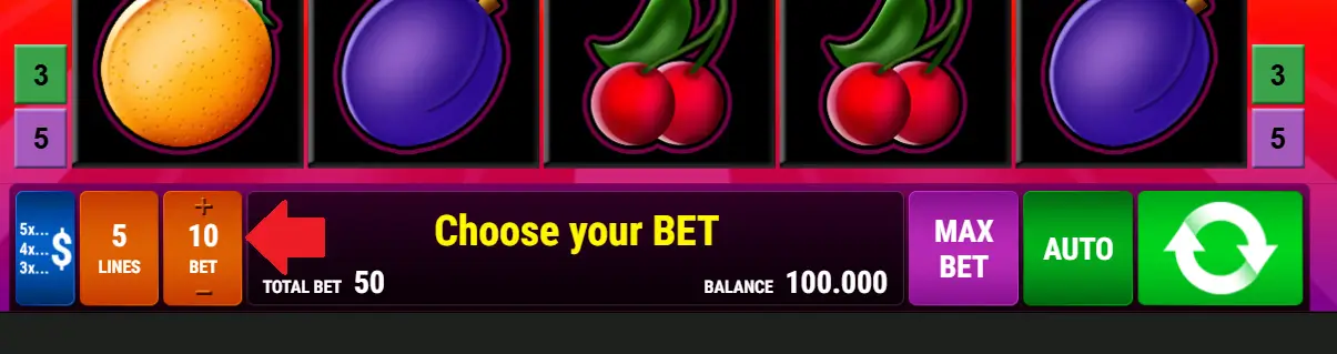 Screenshot der Einsatz-Auswahl (Total Bet) bei Fancy Fruits